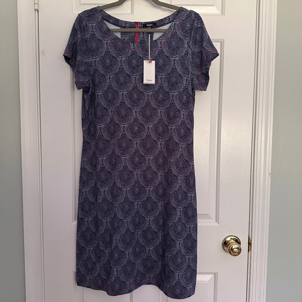 Hatley Womens Navy Blue White Scallop Print Shift Dress Pink Back Zip Large NWT